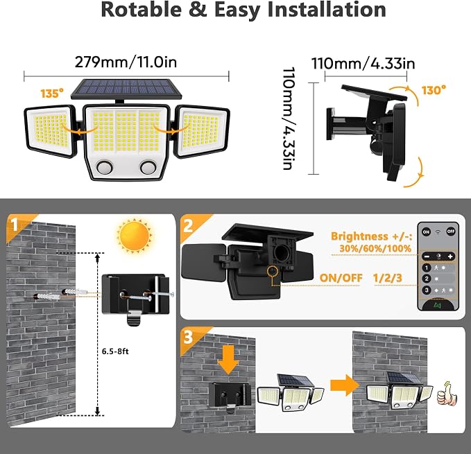 MDCMDCM Solar Motion Sensor Outdoor Lights Waterproof - 3000LM 3 Modes Security Lights Outdoor 270° Illumination IP65 LED Solar Flood Wall Light for Garden Yard Patio Pathway