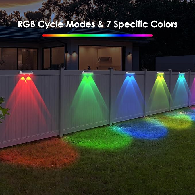 LIANGLOME 2 Pack Solar Fence Lights Outdoor, 2PK Solar Outdoor Light Warm White & RGB Solar Powered Lights for Outside Backyard, Patio, Deck Fence, Stair Handrail, Pool and Wall