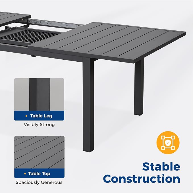 Aluminum Extendable Outdoor Dining Table, 68"-91.5" Adjustable Length Oversized Patio Table for 6-10 People, All-Weather Patio Dining Table with Adjustable Feet for Deck Balcony Garden, Grey