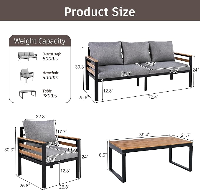 VilroCaz 4-Piece Outdoor Patio Furniture Sectional Sofa Set with Acacia Wood Armrests, All-Weather Conversation Set with Removable Cushion and Solid Wood Coffee Table for Garden Backyard (Grey-TH)