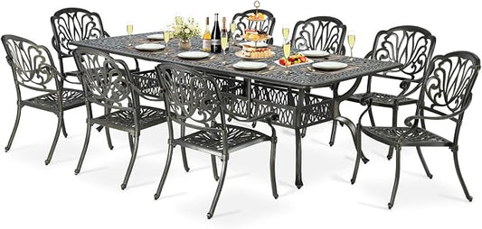 9-Piece Patio Cast Aluminum Dining Set, Outdoor Dining Furniture Set for 8 Person, Includes 94.5" Rectangular Dining Table and 8 Chairs with Umbrella Hole for Patio Deck Garden