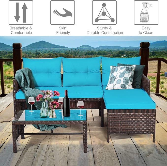 DORTALA Wicker Patio Furniture Set Couch 3 Piece, L-Shaped PE Rattan Outdoor Sectional Sofa Conversation Set with Loveseat, Lounge and Tempered Glass Coffee Table for Garden Lawn Deck, Turquoise