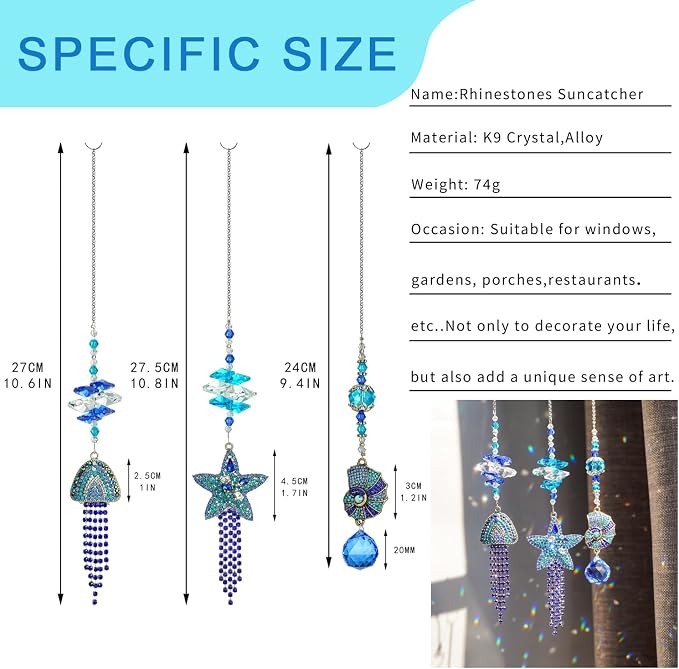 3 Pcs Rhinestone Crystal Ocean Suncatcher Pendants Window Decor | Rhinestone Crystal Suncatcher Pendants Starfish Jellyfish Conch with Beads Prism Hanging for Window Garden Wedding Decor