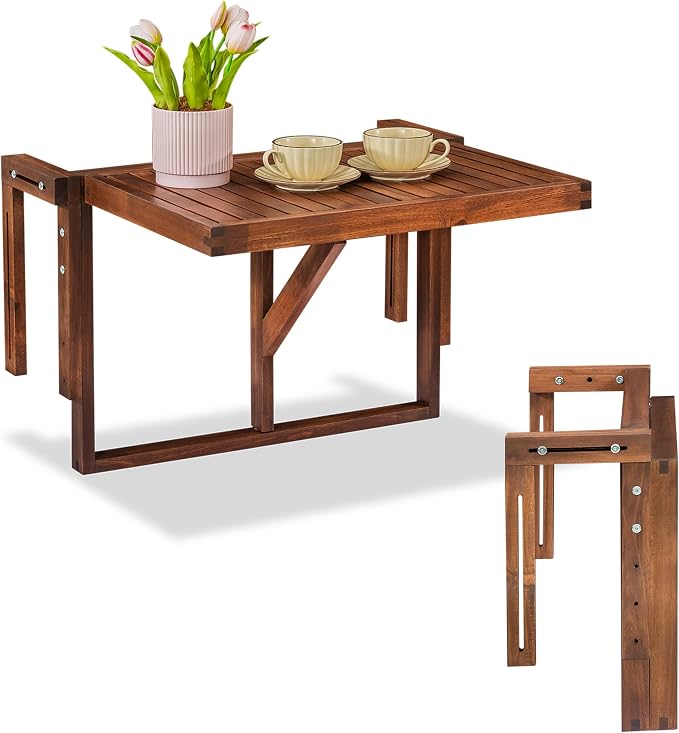 VICTORY RELAX Hanging Balcony Table - Foldable Acacia Wood Patio Table - Small Outdoor Workspace & Dining Table for Balcony Furniture - Temporary Workspace - Brown Color (27.2 x 23.6 x 17.5 Inches)