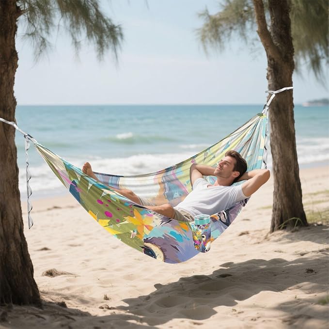 Colorful Donkey Floral Art Outdoor Hammock with Hanging Rope Fabric Hammock for Patio Backyard Lounge Base