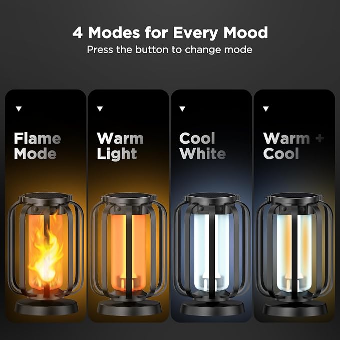 Hompavo Gen2 Solar Lanterns Outdoor Lights with Ultra-Real Flame | USB/Solar Charging & 4-Mode, Waterproof Decorative Hanging/Table Light for Pathway Yard Patio Garden Decor Gifts for Women, 4