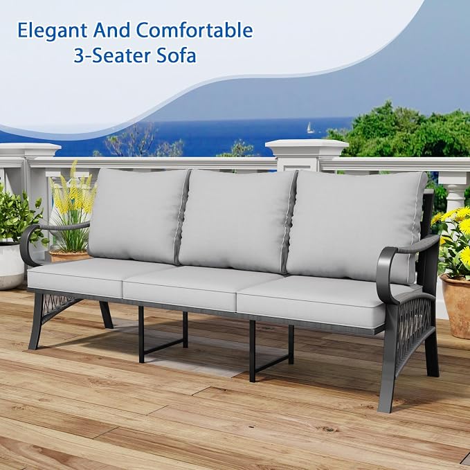 5 Piece Patio Furniture Set, 7 Seat Metal Outdoor Sectional Sofa Set with Thick Cushions, All Weather Patio Conversation Set with Coffee Table for Garden, Porch, Lawn, Grey
