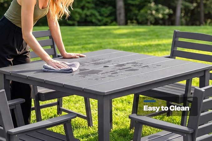 HDPE Outdoor Dining Set for 6, Modular Tables & 6 Armchairs | • Expandable 2-Table Combo • Dual 2" Umbrella Openings • 410 lbs High Weight Limit • All-Weather Polywood