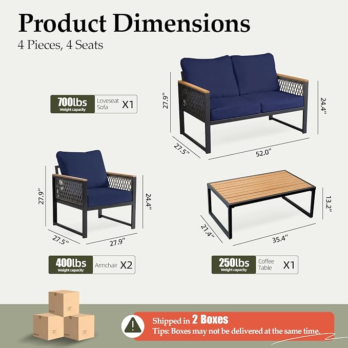 UPHA 4 Pieces Patio Furniture Set, Metal Outdoor Sectional Couch Set with Loveseat Sofa, 2 Chairs, Coffee Table, Modern Patio Conversation Set for Porch Balcony Deck, 4 Seats, Navy Blue