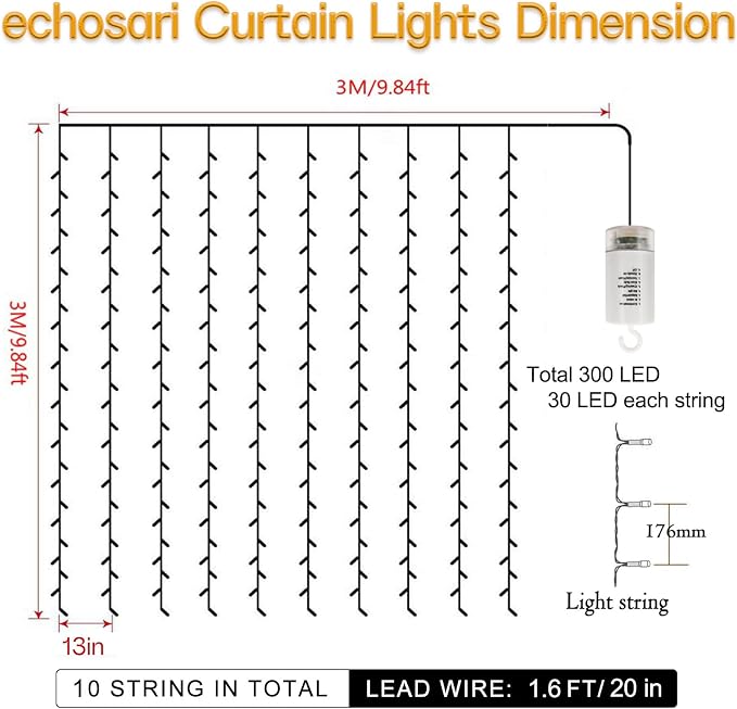 echosari 9.8ft×9.8ft Curtain Lights Battery Operated with Remote Warm White | 300 LED Hanging Light Timer Fairy Curtain Lights for Bedroom Patio Wedding Backdrop Party Decór