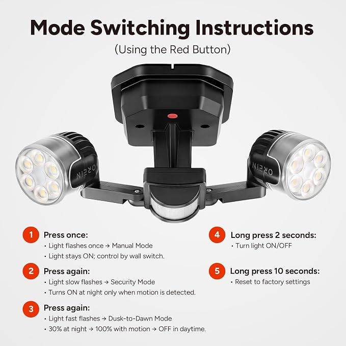 OREiN Motion Sensor Outdoor Security Light, Adjustable Dual-Head LED Flood Light, 3 Modes(Motion/Manual/Dusk to Dawn), 150W Equivalent 5000K, IP65 Waterproof Exterior Lighting, Hardwired