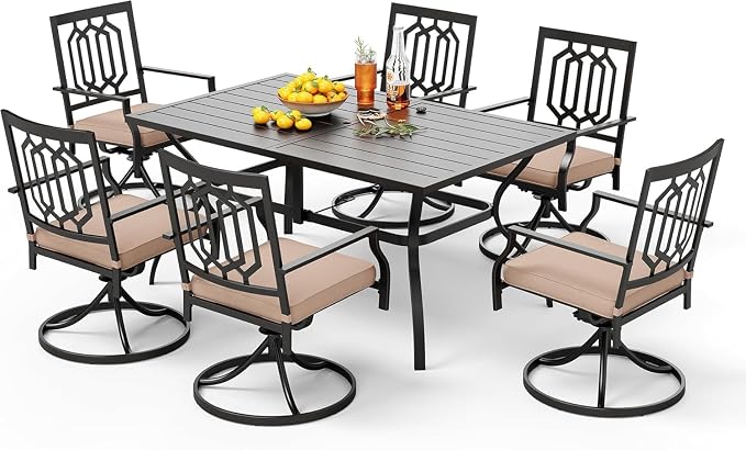 PHI VILLA 7 Pcs Patio Dining Set for 6,60" Steel Table& Swivel Chairs | Rectangular Dining Table and 6 Swivel Patio Dining Chairs w/ cushions for Outdoor Backyard Bistro Furniture Set