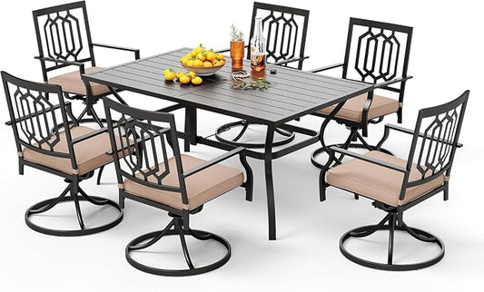 PHI VILLA 7 Pcs Patio Dining Set for 6,60" Steel Table& Swivel Chairs | Rectangular Dining Table and 6 Swivel Patio Dining Chairs w/ cushions for Outdoor Backyard Bistro Furniture Set