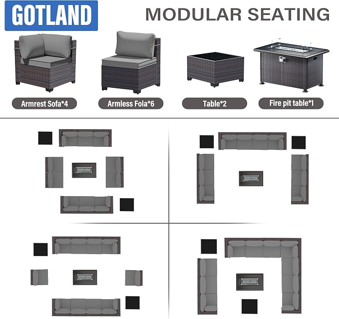 Gotland 13 Pieces Patio Furniture Set with Fire Pit Table, All Weather PE Rattan Outdoor Furniture with 29.5'' High Backrest 4’’ Thick Cushions Coffee Table, Patio Conversation Set for Deck, Gray