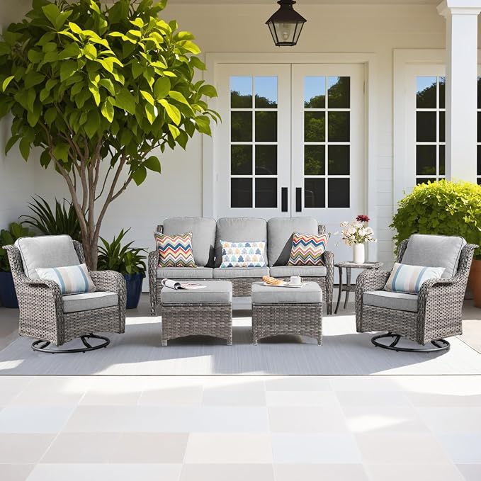ovios 6-Pieces Patio Furniture Set, Outdoor Wicker Sofa Couch with Swivel Glider Chairs Comfy Cushions, High Back Modern Conversation Set, Grey Rattan, Grey