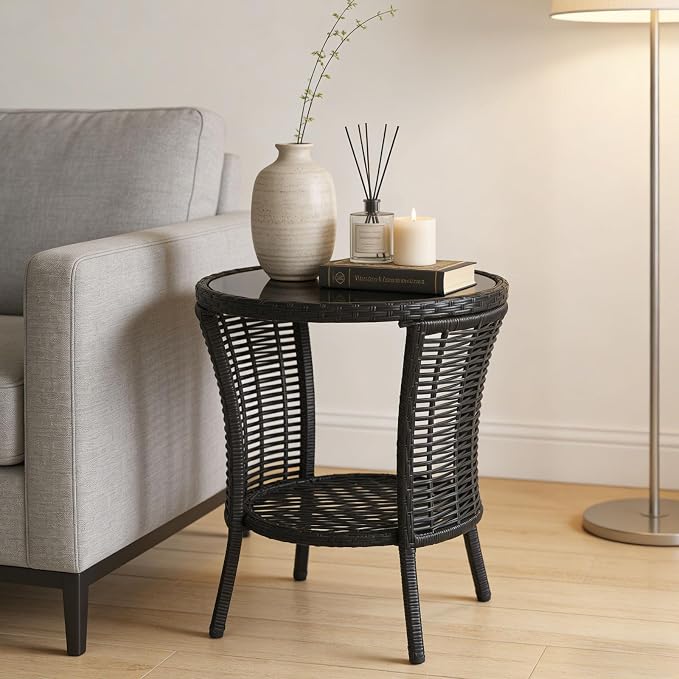 Outdoor Side Table - Patio Wicker End Table with Extra Storage Shelf, Rattan Outdoor Side Table with Round Glass Tabletop for Garden, Backyard, Porch, Black