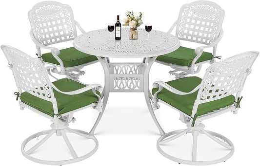 VIVIJASON 5-Piece Outdoor Patio Dining Set, All-Weather Cast Aluminum Conversation Set, Patio Furniture Set for Backyard, Include 4 Swivel Rocker Chairs, a 35.4" Round Table w/Umbrella Hole, White