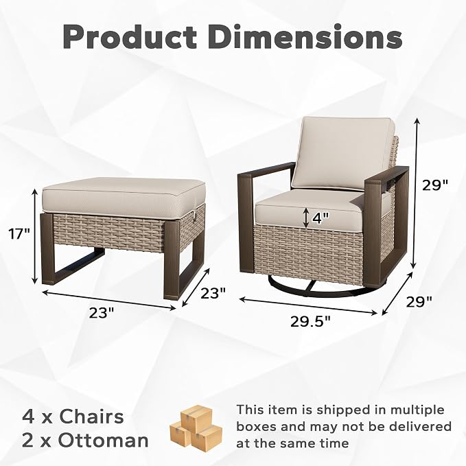 Joyside Outdoor Patio Swivel Rocker Chairs, 5 Pieces Wicker Furniture Set, 2 Swivel Rocking Chairs and 2 Ottoman, Metal Wide Armrest, Thick Cushions and Deep Seating for Garden, Backyard, Porch, Deck