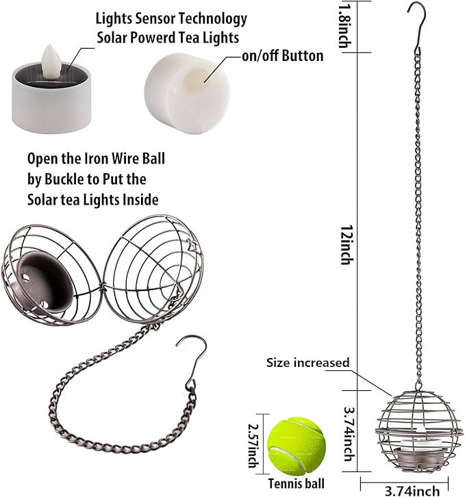 Solar Hanging Lanterns Outdoor Waterproof, Rust Iron Ball Candle Holder with Flickering Solar Powered Tea Lights, Perfect Chargeable Solar Lights for Backyard Patio Garden Fence Tree Decoration-4Pack
