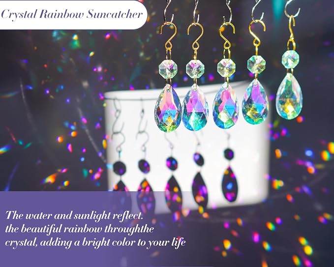 25pcs Crystal Teardrop Chandelier Parts, 38mm Suncatcher Crystal Prisms | Hanging Ornament Chandelier Crystals Rainbow Maker for Windows/Wedding Christmas Tree Decor (Glod Hook+Ring)