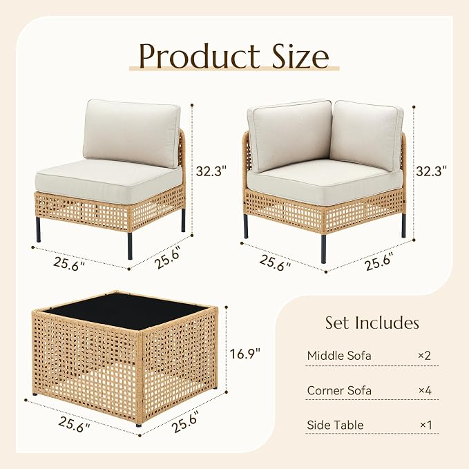 Belord Large Outdoor Sectional 7-Piece, Boho Patio Sets for Outside with Coffee Table, All-Weather Waterproof Wicker Patio Furniture