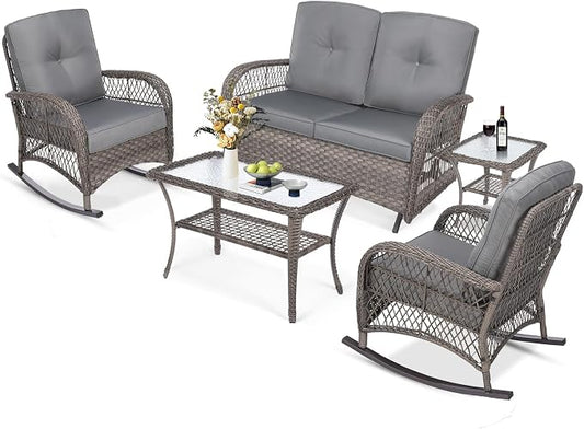 MEETWARM 5-Piece Outdoor Patio Set - Conversation Set with Glider Loveseat, 2 Armchairs & Glass-Top Coffee Table, Thickened Cushions, Gray