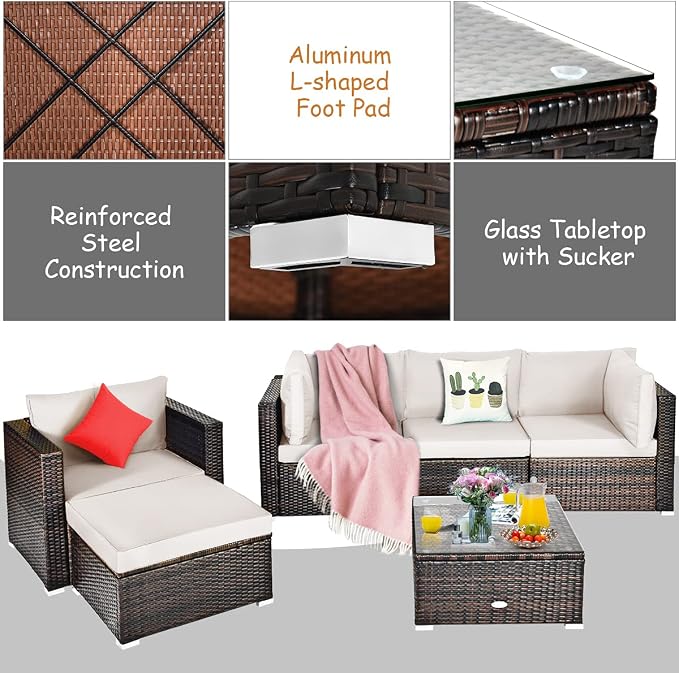 Tangkula 6 Pieces Wicker Patio Furniture Set, PE Rattan Outdoor Sectional Conversation Set with Glass Coffee Table & Ottoman, Wicker Sofa Set with Cushions for Yard Garden, Deck, Porch (White)