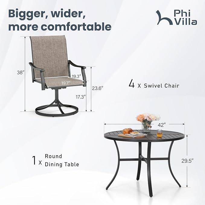 PHI VILLA Round Patio Table & Chairs Set, Outdoor Dining Furniture for 4 | Textilene chairs, Weather-resistant metal frame, Breathable & quick-drying, Umbrella hole, Patio deck backyard, 5 piece
