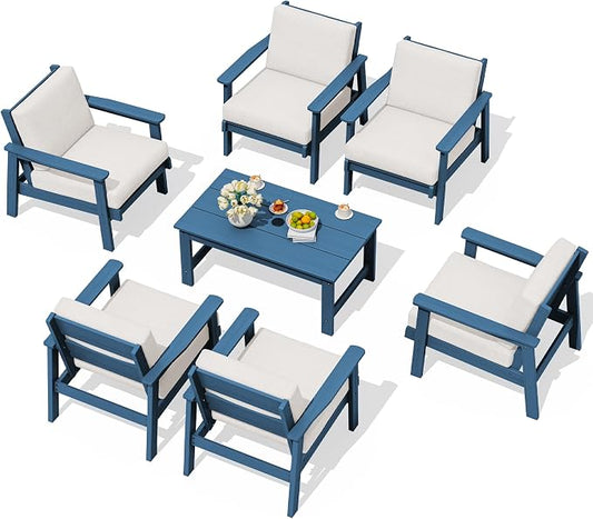 SERWALL HDPE Outdoor Furniture Set, 7 Piece All Weather Wood-Like Outdoor Sofa Sectional Couch, Blue Patio Furniture Set with Khaki Cushions