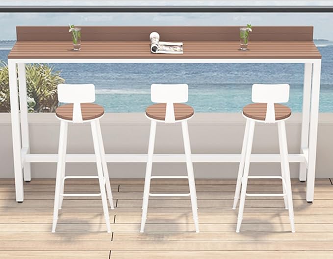 Outdoor Bar Table, Patio Pub Height Table with Anti-Fall Baffle, All-Weather Bar Height Counter Table, Narrow Dining Table for Hot Tub, Garden & Backyard(Color:White+Wood,Size:L-55.1in)