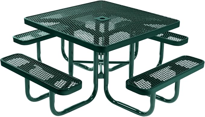 COATEDOUTDOORFURNITURE Heavy-Duty Portable Outdoor Picnic Table with Umbrella Hole, Expanded Metal Commercial-Grade Patio Made in America (46" Square Top, Dark Green with Dark Green Frames)