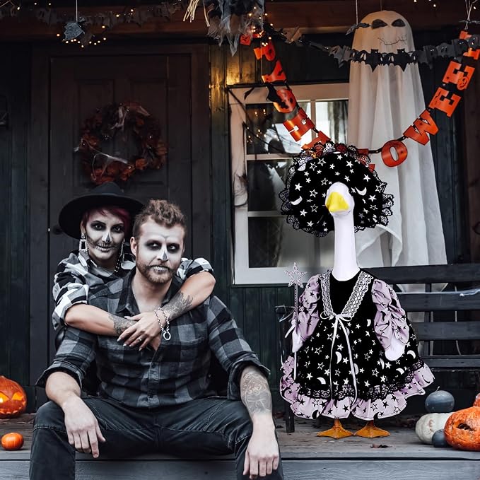 AZYM Halloween Porch Goose Outfits,3 Pcs/Set Yard Goose Statue Clothes for 23" Statue Patio Lawn Garden Halloween Decoration(Black Halloween Night)