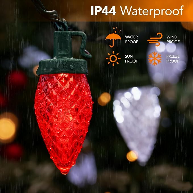 C9 LED Christmas Lights Outdoor,33 Feet 50 LED 8 Lighting Modes Waterproof Connectable Christmas String Lights for Outside Roofline Patio Home Xmas Decorations (Red & White)