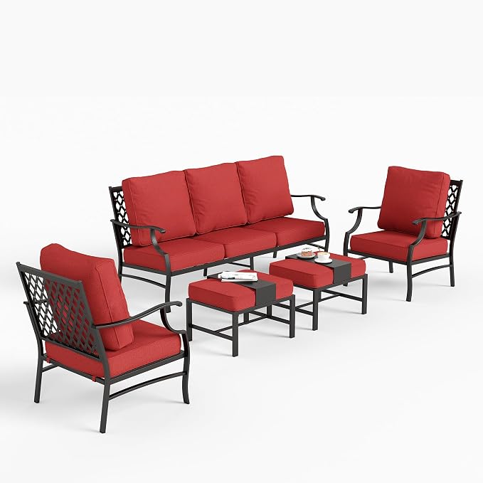 SUNSHINE VALLEY 5 Piece Metal Outdoor Patio Furniture Set, Patio Conversation Sets 1 3-Seater Sofa, 2 Fixed Chair, 2 Ottomans with 5.75" Thick Cushion, Black All-Weather Frame Backyard Furniture, Red