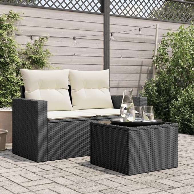 Square Garden Table, PE Rattan Coffee Table with Tempered Glass Top, Powder-Coated Steel Frame, Outdoor Patio Furniture for Small Spaces