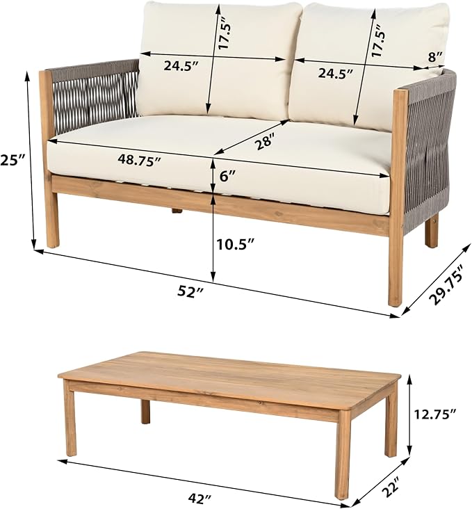 Christopher Knight Home Havets 2 Pieces Conversation Set, Acacia Wood Loveseat and Coffee Table Set, Woven Rope Armchair, Slats Panel End Table, 6" Thick Cushion Couch for Backyard Garden, Gray+Beige