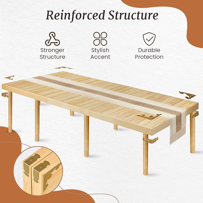 Low Picnic Table with 2 Adjustable Heights – Boho Wooden Picnic Table with Table Runner, 95" x 34" Size for 10, Portable & Foldable for Beach, Camping & Forest