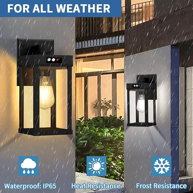 Solar Wall Lights Outdoor with 3 Lighting Modes & Motion Sensor, Solar Porch Light with 2 Bulbs, Waterproof Outdoor Wall Sconce Lantern Light Fixture for Garage Porch Shed Barn Garden Yard Front Door