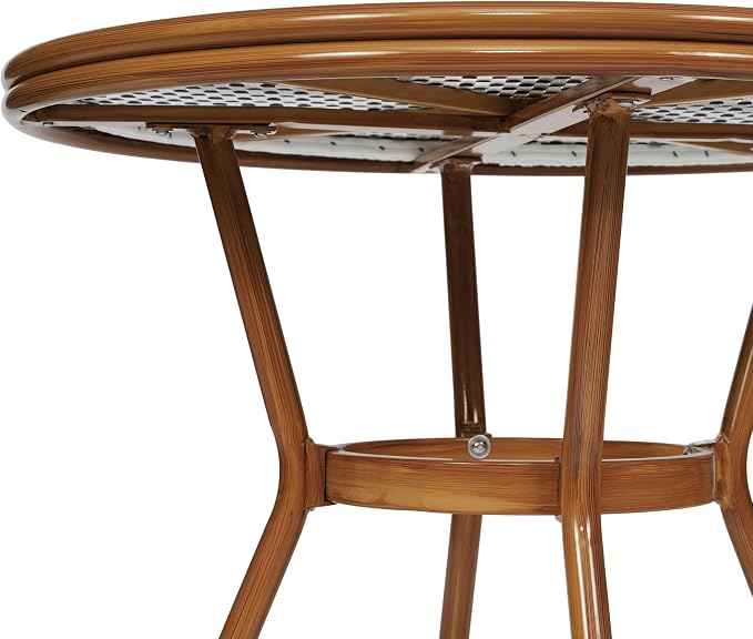 Flash Furniture Lourdes Indoor/Outdoor Commercial Bistro Table - Tempered Glass Top - PE Rattan - Natural Bamboo Print Aluminum Frame - 31.5" - White/Navy
