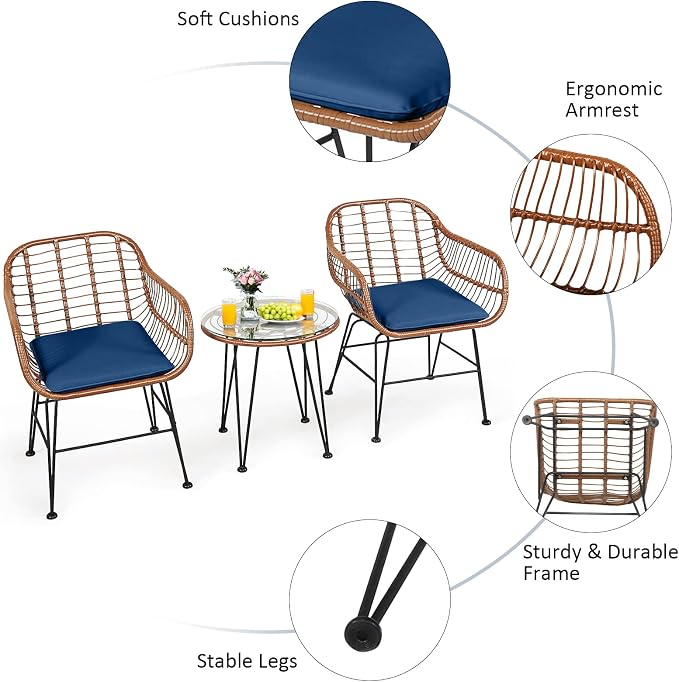 COSTWAY 3 Pieces Patio Bistro Set, Outdoor Rattan Conversation Seating Chair Set with Coffee Table & Soft Cushions, Indoor Wicker Furniture Set for Garden, Balcony, Porch, Pool, Navy