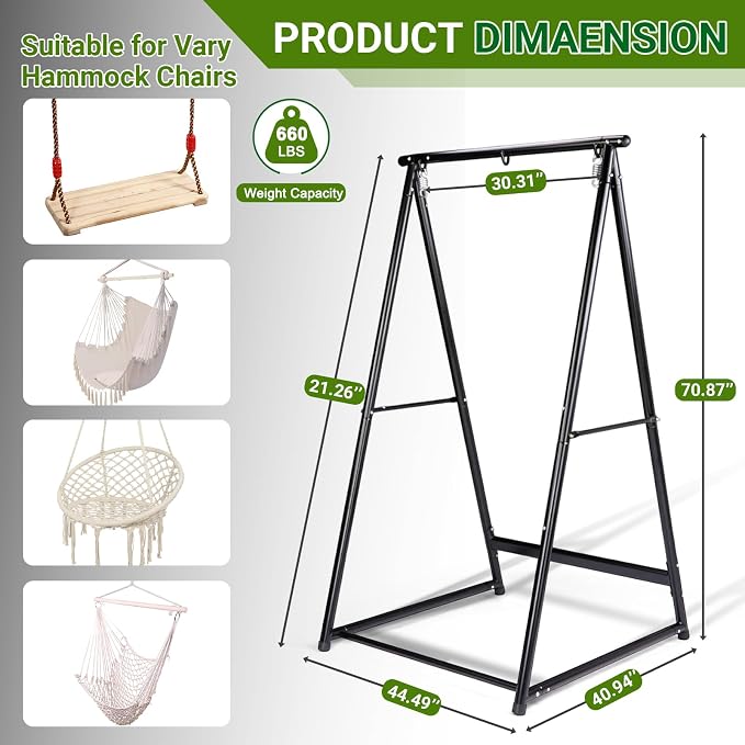 Heavy Duty Hammock Stand, Powder Coated Steel Frame, 660lbs Capacity, Fits Most Hammocks and Swing Chairs (39.4”x37.4”x70.9”), for Patio, Yard, Garden, Balcony
