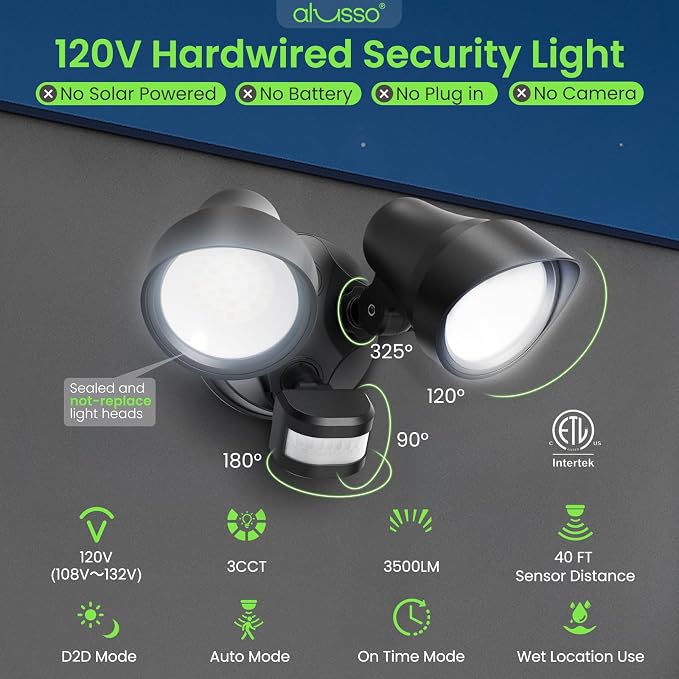 ALUSSO Motion Sensor Outdoor Lights, 30W 3500LM Flood Lights Outdoor 120V, 3 Modes (Dusk to Dawn/Auto/On Time), 3CCT 3000K/4000K/6500K Waterproof Hardwired Security Light ETL Listed for Porch, 1PC