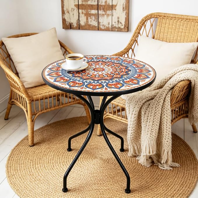 24 Inch Mosaic Patio Round Side Table with Central Column Curved Legs Indoor and Outdoor Accent End Table for Yard, Garden, Living Room, Bistro, Blue Orange Mandala