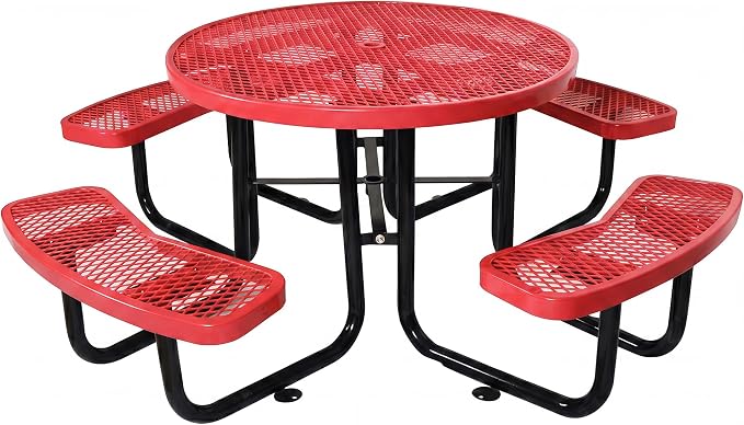 Heavy Duty Picnic Table for Outdoors 3200 lbs Load All Metal Dining Table with Umbrella Hole up to 1.5", Round Camping Table for Commercial Picnic Table with Benches, Red