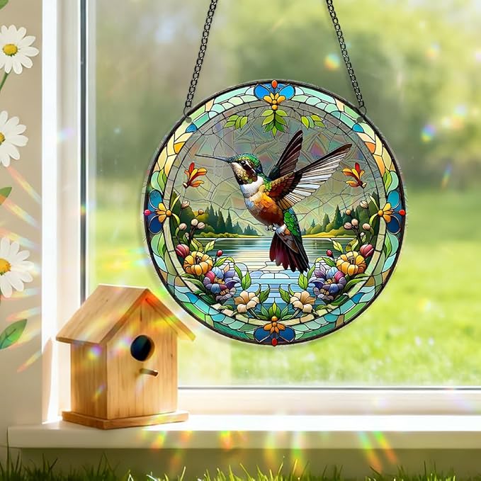 Acrylic Suncatcher Window Hanging, Hummingbird Sun Catcher Rainbow Indoor Window Decoration for Living Room Bedroom, Summer Home Balcony Ornaments Deco, 7.87 x 7.87 inches (141 Hummingbird)