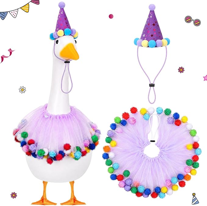 Birthday Porch Goose Outfit Lawn Clothes Hat and Tutu Collar Plastic Outfits for 23" 17" Cement Goose Outdoor Garden Lawn Art Decor (Purple,Tutu Skirt)