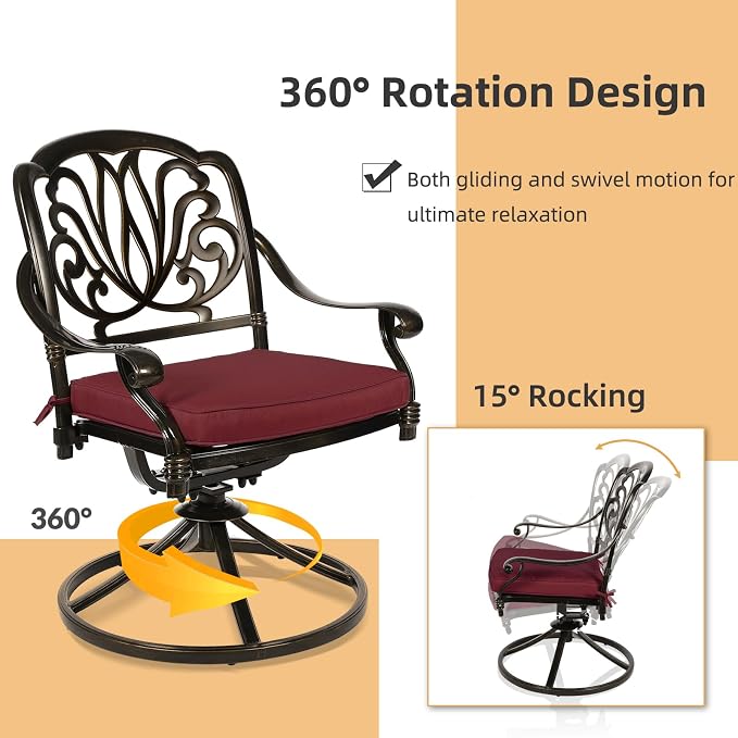 3-Piece Outdoor Patio Dining Set, All-Weather Cast Aluminum Patio Furniture Set for Backyard Garden Deck with 2 Swivel Cushioned Chairs and 35.4” Round Table, 2" Umbrella Hole, Chili Red