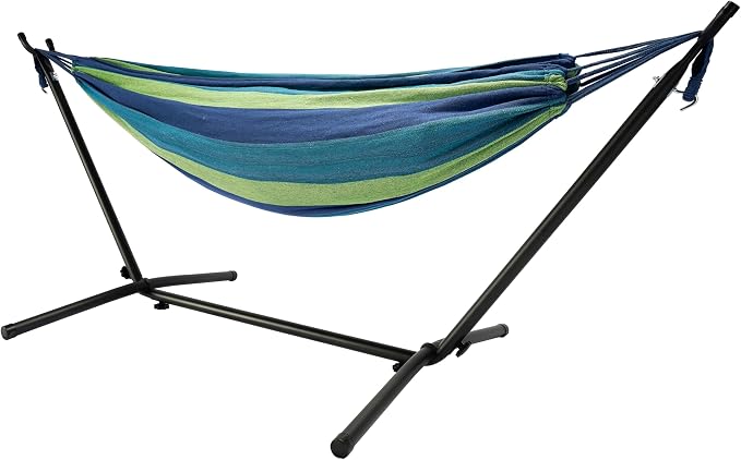 Hammock with Stand for Outside, 450lb Steel Frame, Blue | Steel Frame, Cotton Fabric, 2-Person 450lb, No Tools 10 Min Setup, Backyard Patio Bedroom, Rust-Resistant, Portable