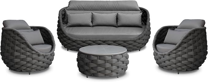 Rope Patio Furniture Set: 4 Pieces Aluminum Outdoor Couch Set Cushioned - Assembled Porch Conversation Sofa Set Modern - Metal Patio Seating for 5 Person Deck Garden Poolside Hotel, Dark Gray