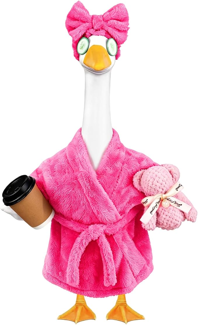 Celltestria Lady Goose Outfits for 23" Geese Pink Bathrobe Porch Goose Costume Coffee Cup Bear Cucumber Eye Mask Goose Clothes for Outdoor Patio Yard Lawn Garden Decoration